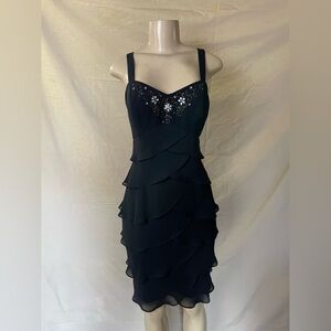 S.L. Fashions Black Tiered Midi Dress with Silver Sequin Bodice